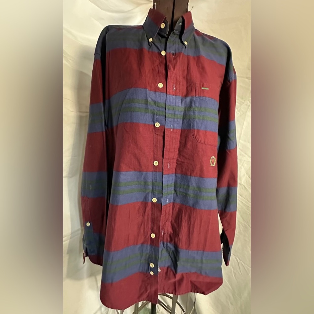 Tommy Hilfiger Burgundy Stripe Men’s Button Down Long Sleeve Shirt Vintage 90’s